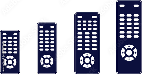 Set of blue remote control icons in different sizes, modern flat vector illustration for television, smart media devices, user interface design, app controls isolated on white background