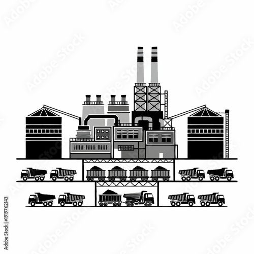 Industrial factory with silos and trucks for material transport.