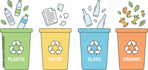 Waste sorting recycling bins illustration for plastic paper glass and organic trash, eco friendly waste management concept, sustainable living, environmental protection, recycling education 