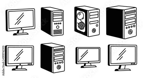 Collection of Hand Drawn Computer Monitors and CPU Towers.