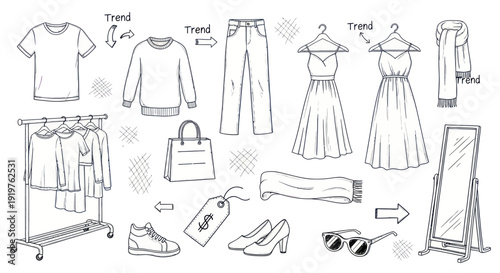 Hand-drawn sketch of various fashion items and accessories for men and women.