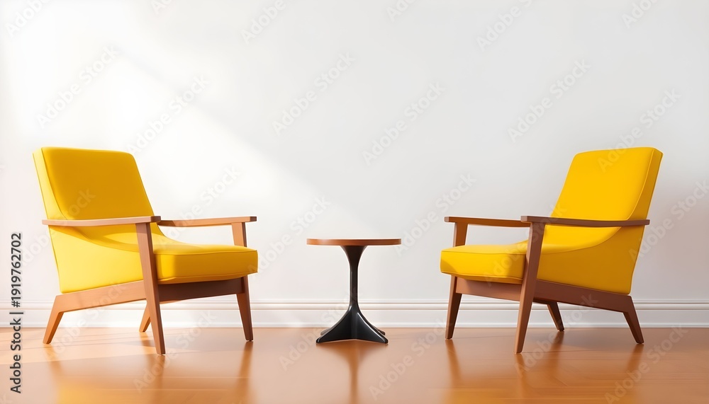 Fototapeta premium Two yellow armchairs and a small table sit on a wooden floor indoors.