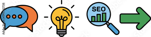 SEO and digital marketing icon concept showing communication, creative ideas, search engine optimization analysis, data growth, and strategic direction for online business success