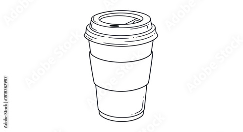 Simple Line Art Drawing of a Disposable Coffee Cup with Lid and Sleeve.