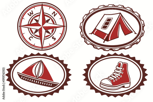 Outdoor Adventure and Travel Icons Set with Compass Tent Sailboat and Boot.