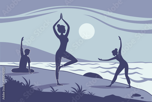 People Practicing Yoga and Meditation by the Water at Dusk.