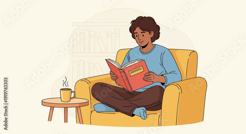Young person relaxing in armchair reading a book with a hot drink.
