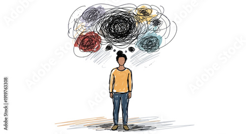 Woman with chaotic thoughts and mental stress.