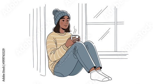 Young woman in winter hat and sweater holding a warm drink.