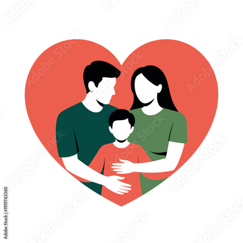 Loving illustration depicts a happy family unit with parents embracing a child inside a large heart.
