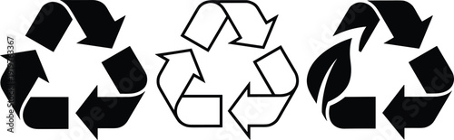 Black and white recycling symbols set showing classic recycle arrows, outline icon, and eco leaf design representing sustainability, waste management, environmental protection concepts 