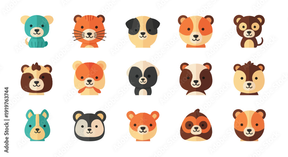 Fototapeta premium Cartoon animal faces collection in a flat design style against a white backdrop