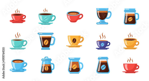Collection of coffee cups and beverages in various styles for design