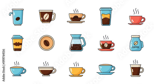 Collection of coffee cups and containers vector illustration isolated