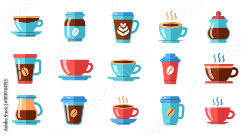 Collection of coffee cups and containers in flat vector style design