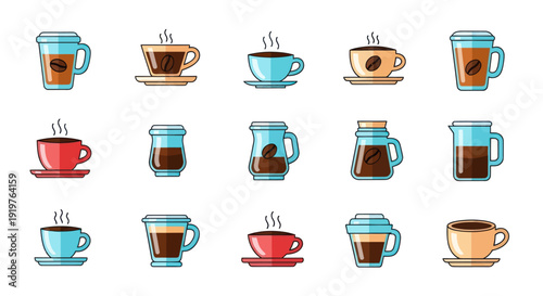 Collection of coffee cups and beverages in vector illustration style