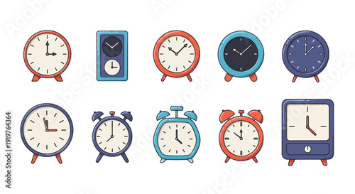 Collection of colorful alarm clocks illustrations on white background