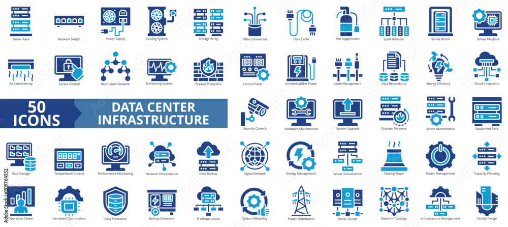 Photography data center infrastructure icon set flat style illustration