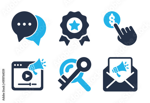 Media Promotion and Service Quality icon set. Solid glyph series icons