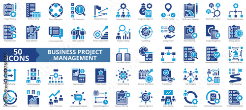 business project management icon set flat style illustration. containing project closure, objective alignment, deliverable review, document sharing, work breakdown, meeting agenda, priority setting