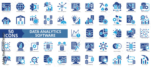 data analytics software icon set flat style illustration. containing insight generation, statistical computing, pattern recognition, forecast modeling, information retrieval, regression analysis