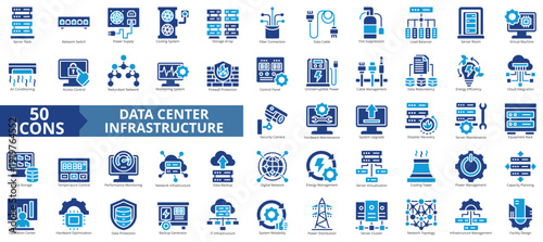data center infrastructure icon set flat style illustration. containing server room, facility design, firewall protection, hardware maintenance, security camera, system upgrade, disaster recovery