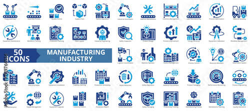 lean manufacturing industry icon set flat style illustration. containing production line, material handling, waste reduction, resource allocation, energy system, logistics coordination