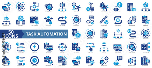 task automation icon set flat style illustration. containing automated task, smart process, flow control, automate now, workflow logic, robot assist, instant sync, auto assign, job runner