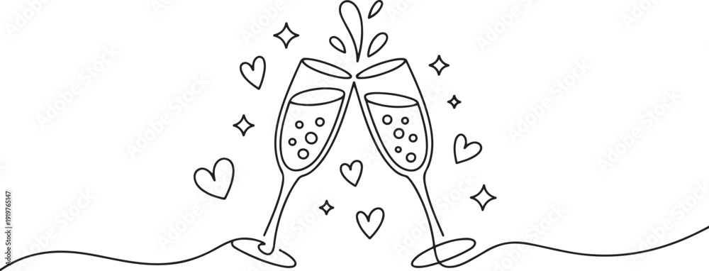 Fototapeta premium Cheers toast festive decoration for holidays, romantic Valentine's Day design. one line art icon drawing vector