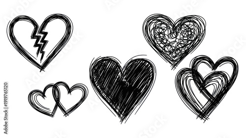 Hand drawn doodle hearts collection expressing love and broken emotions.