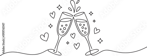 Cheers toast festive decoration for holidays, romantic Valentine's Day design. one line art icon drawing vector