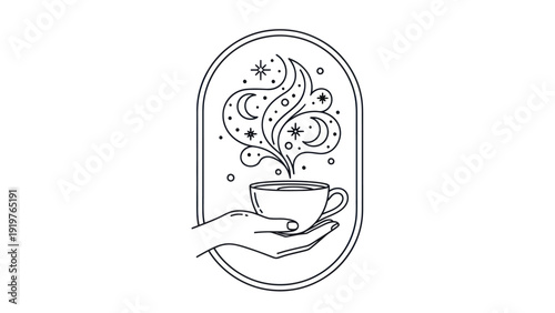 Hand holding a magical cup with celestial steam, line art illustration.