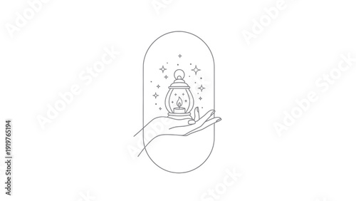 Hand holding a magical lantern with stars and sparkles in a mystical oval frame.
