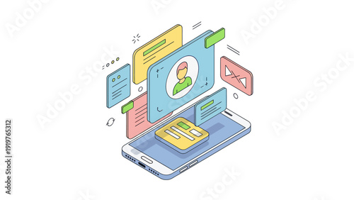 Isometric Smartphone with User Interface Elements and Data Management.