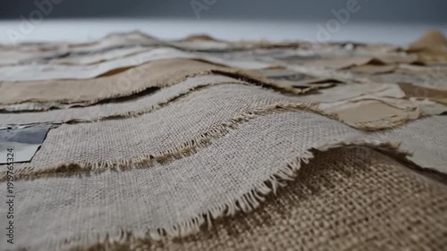 Close view of layered burlap and fabric scraps on a worktable, rustic textile textures for craft and design, cozy handmade mood for Earth Day reuse