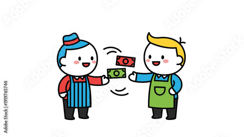 Smiling cartoon characters exchanging money, representing a payment, transaction, or business concept with happy expression.