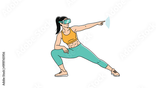 VR Fitness: Woman in athletic wear using virtual reality headset for interactive workout