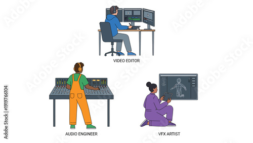 Digital Creative Industry Professionals: Video Editor, Audio Engineer, VFX Artist Roles Illustration
