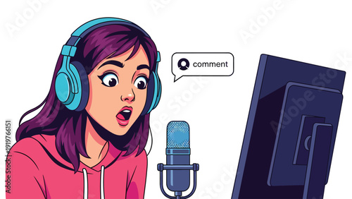 Surprised Young Woman Podcaster Reacts to Online Comment Notification. Female Content Creator with Headphones and Microphone.