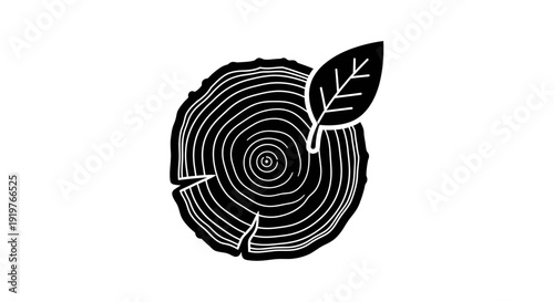 Black and white illustration of a tree stump with a leaf.