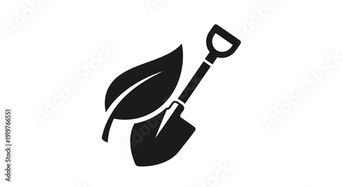 Simple black icon of a shovel with a leaf.