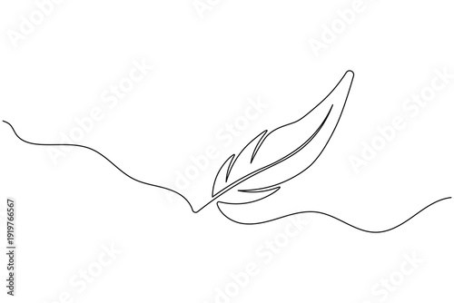 Minimalist bird feather continuous one line drawing. Elegant black line art illustration on a clean white background for modern aesthetic design projects.