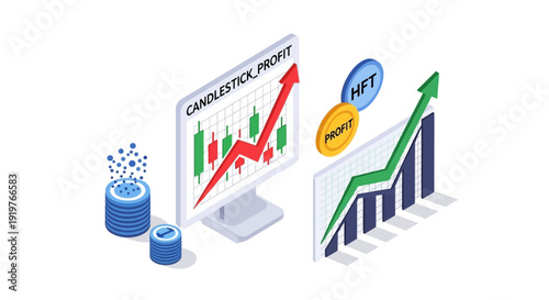 Financial growth chart with candlestick and digital coin illustrations