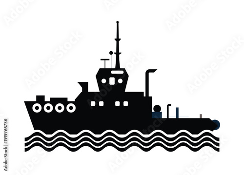 Tugboat sailing on the sea. Simple illustration in black and white.