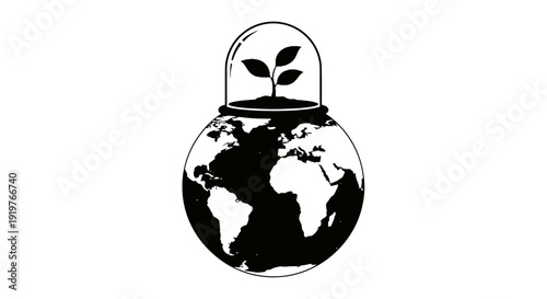 Black and white illustration of the Earth with a sprouting seedling.