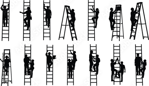 Set of worker silhouettes climbing ladders, teamwork and safety concept, construction, maintenance, repair activities, isolated black figures on white background, vector illustration collection