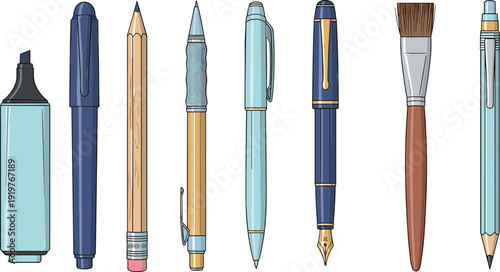 Writing and drawing tools vector set with pens, pencils, marker, fountain pen, and paint brush in detailed illustration style