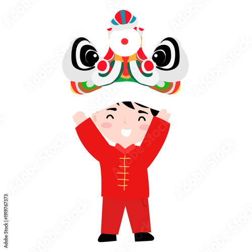 Chineseboy . Joyful child in traditional attire engaging in a vibrant acrobatic lion dance performance for cultural celebration