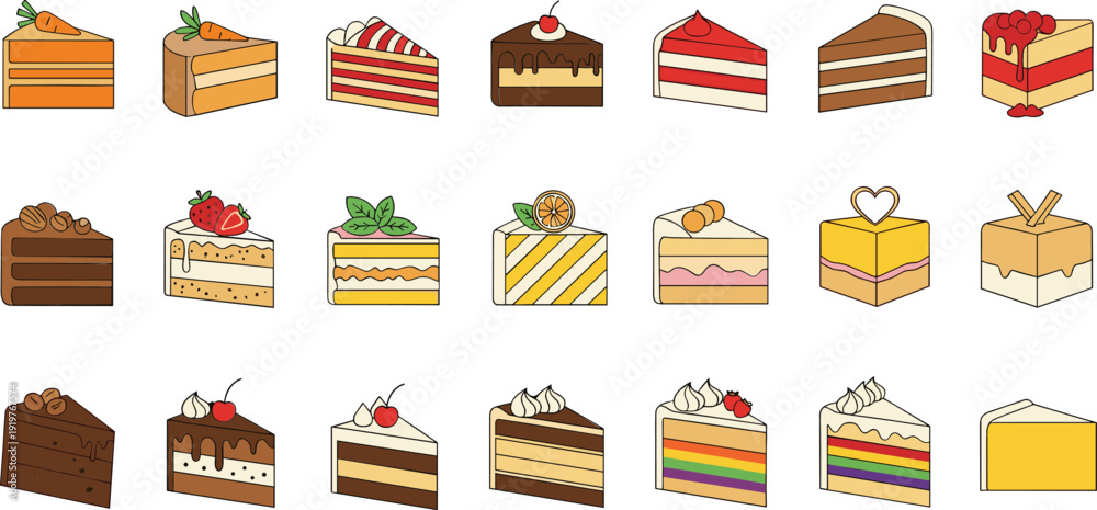 Foto Assorted cake slice vector set featuring chocolate, fruit, layered, and cream de