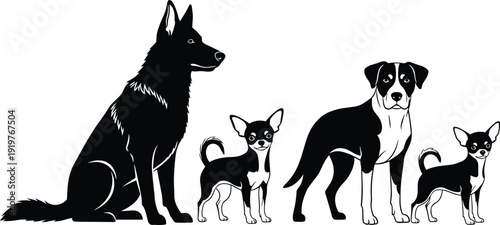 Set of dog silhouettes showing different breeds and sizes, domestic pets illustration with puppies and adult dogs, black vector animals isolated on white background